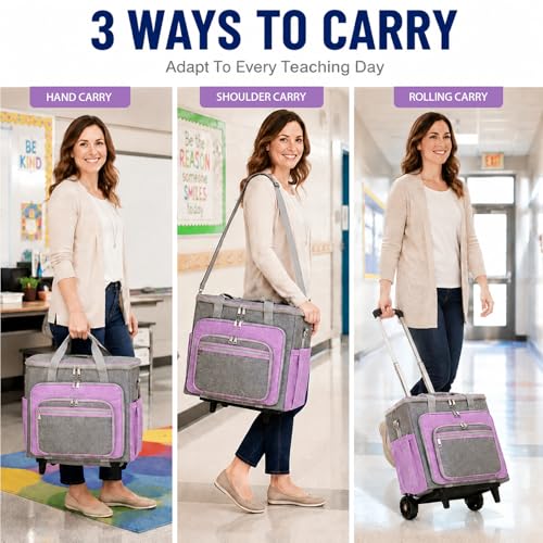 Rolling Craft Bag With Wheels, Teacher Organizer Tote With Detachable Trolley - color: purple, size: 2 Wheels & Fixed Front Feet
