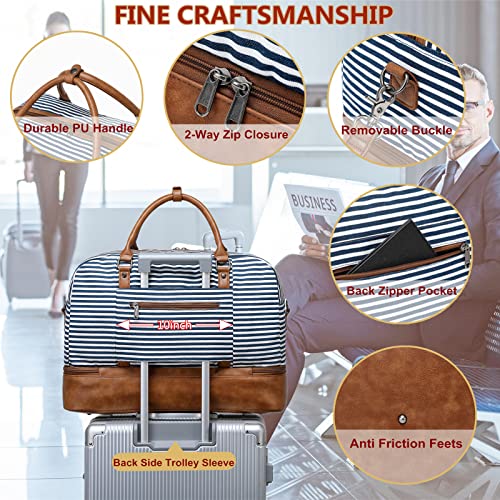 4PCS Weekender Bags for Women Large Overnight Weekend Travel Duffel Bags - color: Blue White Stripe