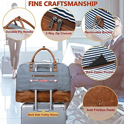 4PCS Weekender Bags for Women Large Overnight Weekend Travel Duffel Bags - color: Blue White Stripe