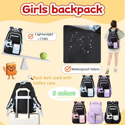 Bows Backpack for Girls 3PCS Backpack for Elementary Junior School Travel - color: 3pcs Black+blue