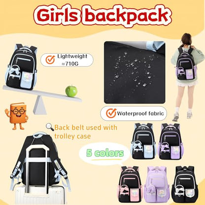 Bows Backpack for Girls 3PCS Backpack for Elementary Junior School Travel - color: 3pcs Black+blue