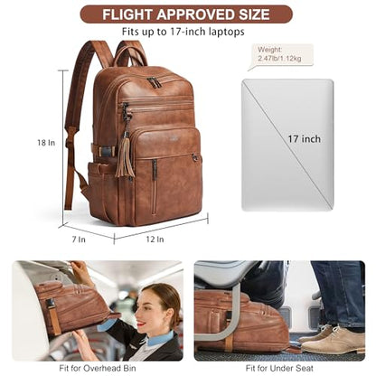 Shrrie 17 Inch Leather Laptop Backpack for Women with Giant Tumbler Holders - color: Caramel Brown