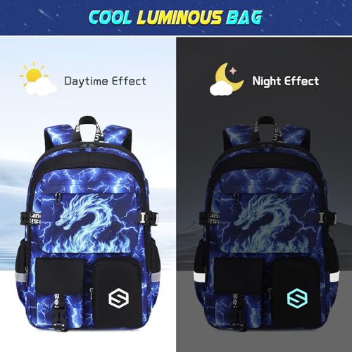 Scothen Boys Backpack, Cool Luminous Kids School Backpacks with Lunch Bag - color: Blue Dragon