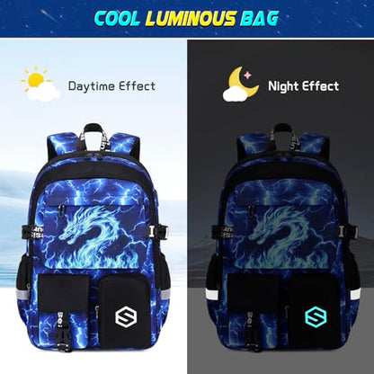 Scothen Boys Backpack, Cool Luminous Kids School Backpacks with Lunch Bag - color: Blue Dragon
