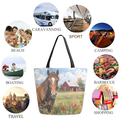 Chic Funny Cute Pattern Big Handle Extra Large Shoulder Tote Bag for Beach Travel Weekender Gym Grocery Shopping - style: Horse