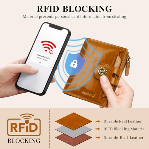 Leather Wallet Women,RFID Blocking Womens Wallet Bifold Compact Card Holder Small Wallet for Women with Removable ID Window LightBrown - color: b1-lightbrown