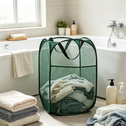 Larpur Pop Up Laundry Hamper Collapsible Mesh Clothes Basket, Dark Green - color: Dark Green