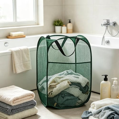 Larpur Pop Up Laundry Hamper Collapsible Mesh Clothes Basket, Dark Green - color: Dark Green