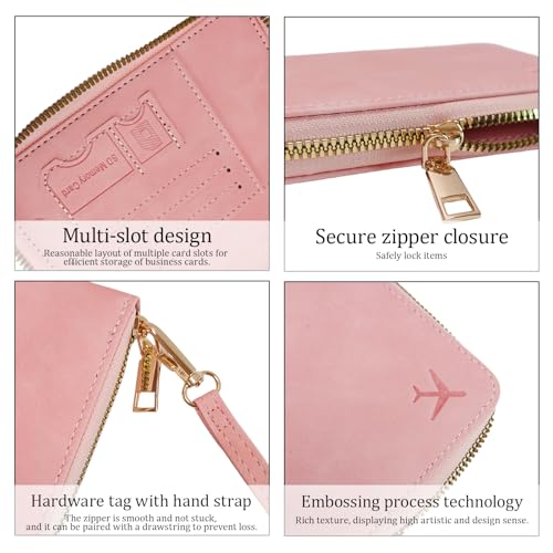 Passport Holder for Travel Wallet,RFID Detachable Wrist Strap Wallet - color: Pink