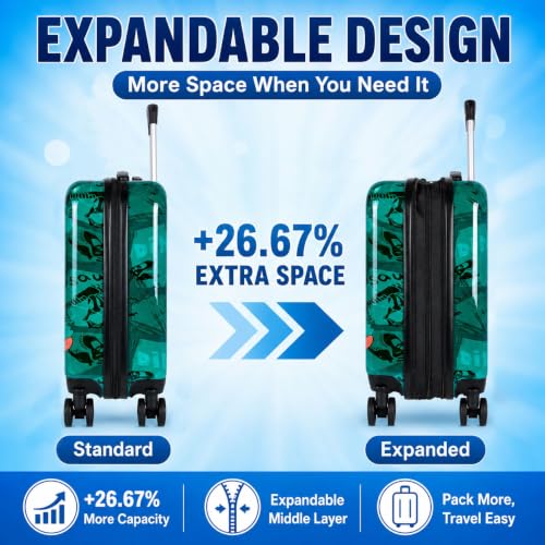 2PC Kids Luggage Set, Boys Carry on Suitcase with Skater Dinosaur Design - color: Blue Cool Dinosaur 2PCS Luggage Set