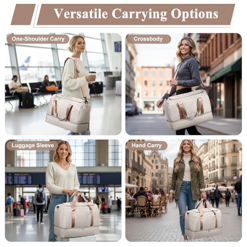 Large Travel Duffle Bag,Carry-on Overnight Weekender Bags for Women - color: Beige & Brown with Toiletry Bag