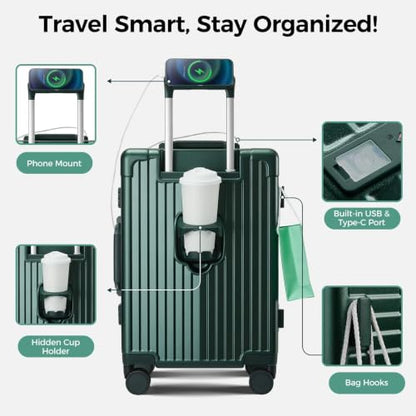 Carry on Luggage Aluminium Frame with Cup Holder,Top opening Suitcases and USB Charging Port,Lightweight with Front Pocket Rolling Suitcases with Spinner Wheels (Green, 20Inch) - color: Green