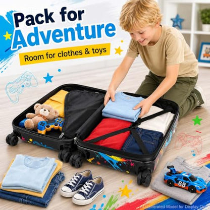 UFNDC Lightweight Hardshell Spinner Kids Suitcase Set 2PCS with Wheels - Airplane Approved Carry-On Luggage for Boys & Children Ages 3-10, Fun Game Rolling Suitcases for Elementary Toddler Travel - color: Black Fun Game Luggage 2PCS Set