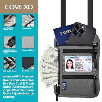 Travel Neck Wallet Passport Holder-RFID Blocking Money Pouch - color: Dark Grey