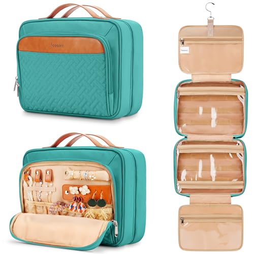 COOSKY Travel Hanging Toiletry Bag for Women, with Jewelry Organizer Compartment, Medium Waterproof Hanging Makeup Accessories, Cosmetic Essentials, Toiletries Dopp Kit Set with Trolley Belt, Blue - color: Blue, size: Medium