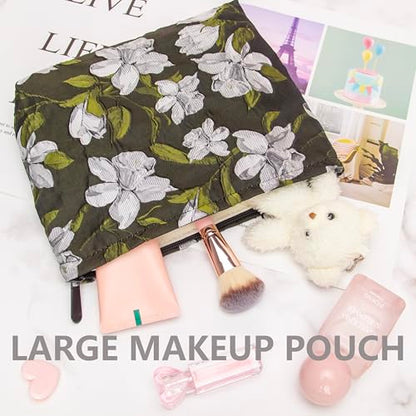 Flat Makeup Bag for Women,Zipper Cosmetic Pouch Purse,Brocade Floral Black - color: Brocade Floral Black