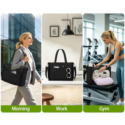 oscaurt Work Tote Bag for Women, 18 Pocket Laptop Tote, 15.6" Compartment - color: Black
