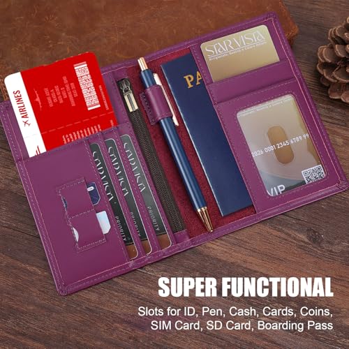 STAR VISTA Phoenix Leather Passport Holder, Calfskin Travel Wallet - RFID Blocking, ID Window, Zipper Pocket, Pen & Notebook Included, Violet - color: Purple B