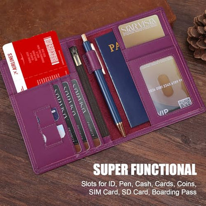 STAR VISTA Phoenix Leather Passport Holder, Calfskin Travel Wallet - RFID Blocking, ID Window, Zipper Pocket, Pen & Notebook Included, Violet - color: Purple B