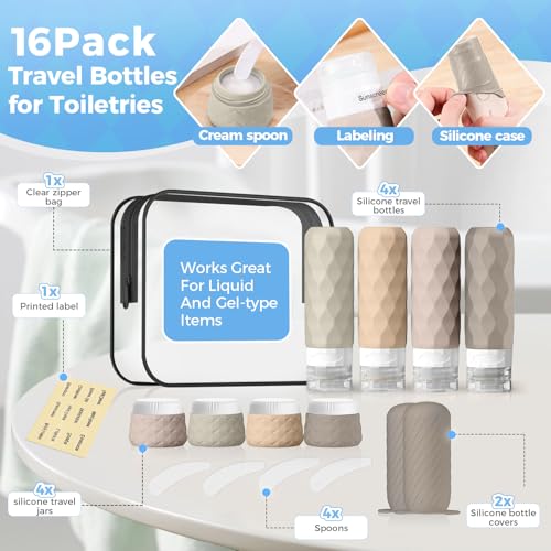 Silevoler 16Pack Travel Bottles for Toiletries, Bottles, Jars, and Covers - color: Cream