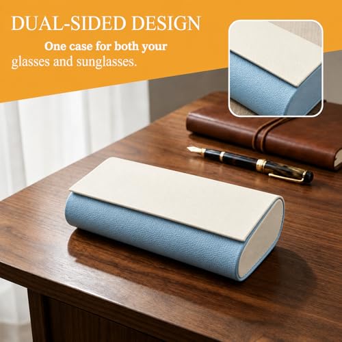 Double Sided Glasses Case Hard Shell,Sunglasses Case & Eyeglass Case with Cleaning Cloth & Storage Pouch - color: Haze Blue-cream White