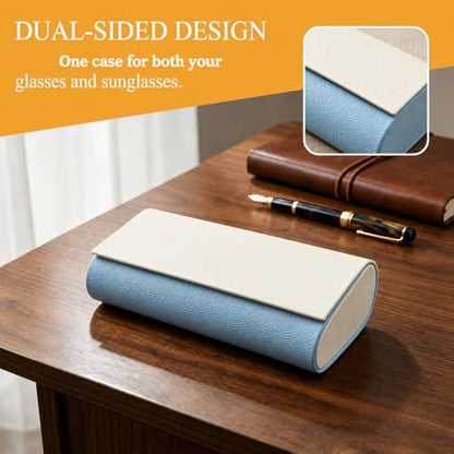 Double Sided Glasses Case Hard Shell,Sunglasses Case & Eyeglass Case with Cleaning Cloth & Storage Pouch - color: Haze Blue-cream White