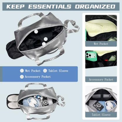 Gym Bag for Women Men, Expandable Travel Duffel Bag with Shoe Compartment - color: Silver
