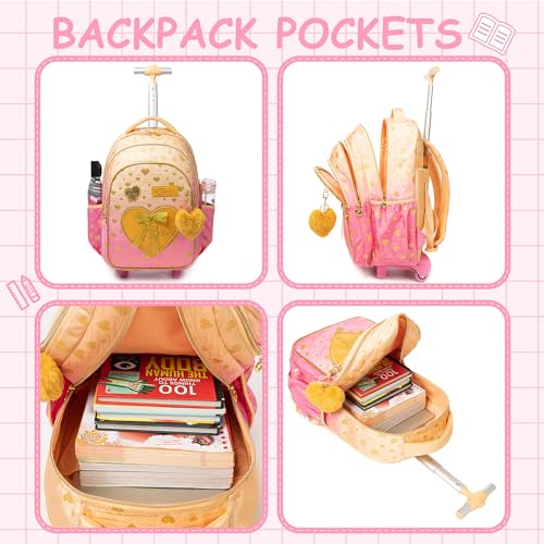 Meetbelify Rolling Backpack for Girls Kids Backpacks with Wheels for Elementary Students Girls Carry on Backpack with Lunch Box 3 in 1 Travel Suitcase Trip Luggage for Kids Ages 6-8 - color: 808