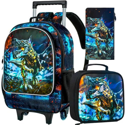 CCJPX Rolling Backpack for Boys, Kids Roller School Bag with Wheels Toddler Wheeled Bookbag Elementary - color: Black Dinosaur