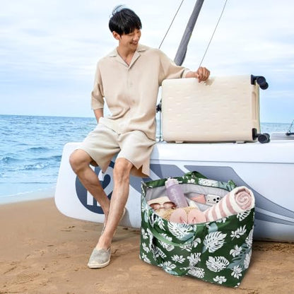 KALIDI 60L Extra Large Beach Tote Oversized Bag Zipper Utility Weekender - color: Green Leaf