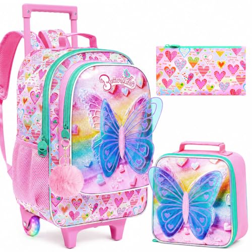 AGSDON 3PCS Rolling Backpack for Girls Boys, Kids Roller Wheels Bookbag, Wheeled School Bag with Lunch Bag - color: Rolling Butterfly Pink Backpack