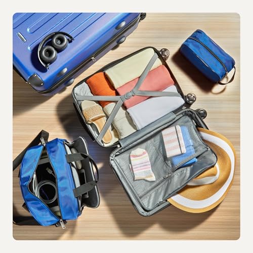 Amazon Basics 4-Piece Hardside Luggage Set with Multidirectional Spinner Wheels, 22" Carry-On, 28" Checked Suitcase, 15" Tote Bag and 10" Travel Case, Navy Blue - color: Navy Blue, size: 4-Piece Luggage Set