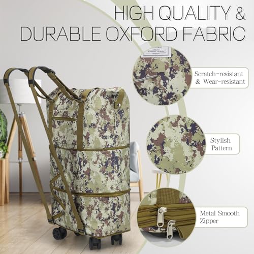 Duffel Bag with Wheels - Rolling Foldable Expandable Duffle Bag with Wheels for Travel, Rolling Luggage Carry On Bag with Wheels, Large Rolling Backpack Weekend Bags for Men Women (Camouflage) - color: Camouflage