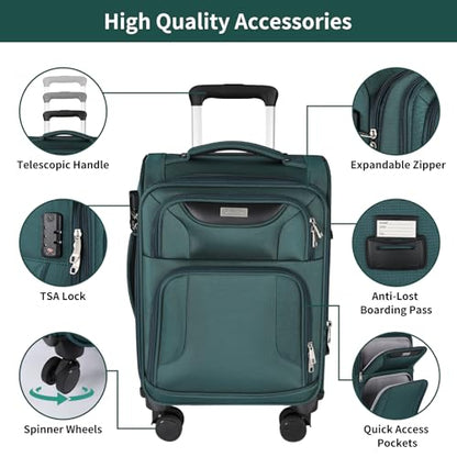 WireHot 3-Piece Softside Expandable Luggage Set, Dark Green, 20in/24in/28in - color: Dark Green
