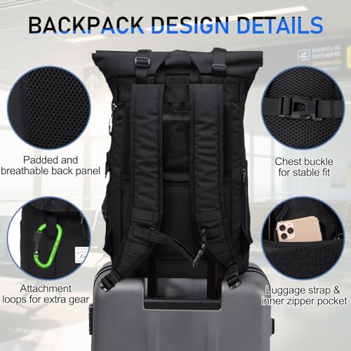 Kasqo Rolltop Backpack, 26L-33L Expandable 15.6” Laptop Backpack for Travel - color: Black