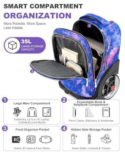 NEW TILAMI 19 Inch Rolling Backpack with Lunch Bag School, Purple Star - color: Purple