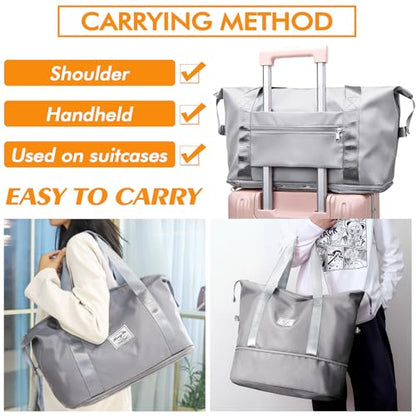 Travel Duffel Bag For Women and Men Waterproof Expandable Travel Bag Weekender Overnight Carry on Tote - color: Grey