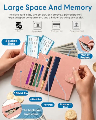 RFID Passport Holder with Tracker Slot, Leather Travel Wallet - color: Pink