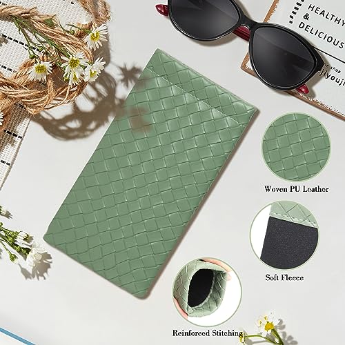 Squeeze Top Sunglass Pouch - Portable Sunglass Organizer Pouch Bags Soft PU Leather Glasses 2 Pack - color: Matcha Green-light Beige