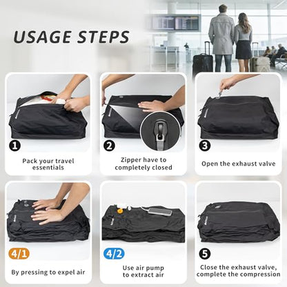 Vacuum Bag for Travel,IPX8 Waterproof Reusable Compression Bags - color: Deep Black, size: 2 PC -With Pump