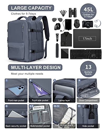 WONHOX Large Travel Laptop Backpack Expandable Flight Approved Backpack Carry on Backpack for Women Men Waterproof 17inch Laptop Daypack Hiking Work Backpack with Shoe Compartment Grey Blue - color: A4-greyblue