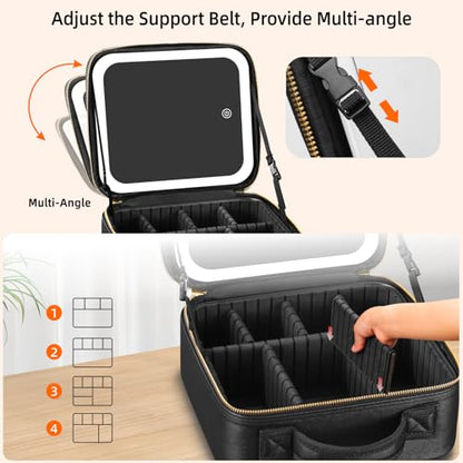 Travel Makeup Bag with Mirror of LED Lighted, Makeup Train Case with Adjustable Dividers, Makeup Case with Mirror and Detachable 10x Magnifying Mirror - color: Black