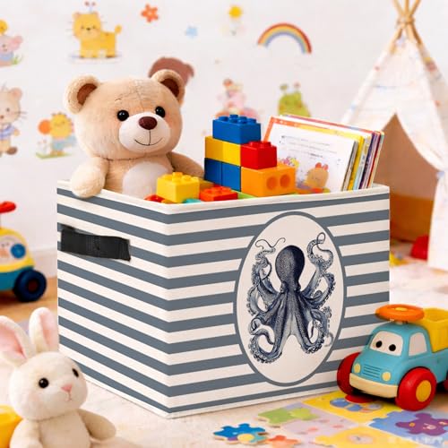 Octopus Storage Bin, Nautical Ocean Blue Stripe Fabric Basket - color: Nautical Retro Octopus Print