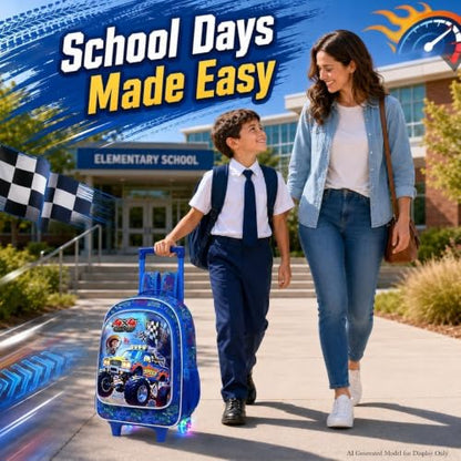 3Pcs Truck Rolling Backpack for Boys, Kids Wheel Backpack with Lunch Box, Lightweight Roller Backpack with Light-Up Wheels for Elementary Preschool Kindergarten (Blue) - color: Truck Blue