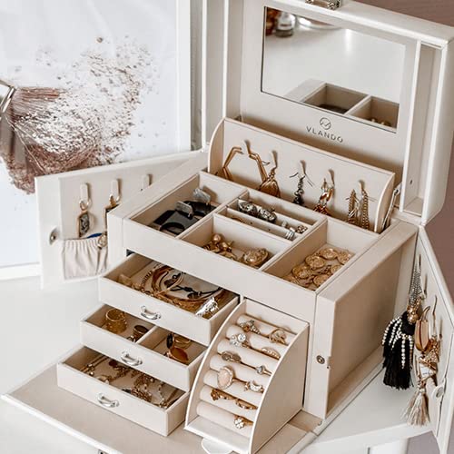 VLANDO Jewelry Boxes & Organizers with Mirror and 3 Drawers,White - color: A.White