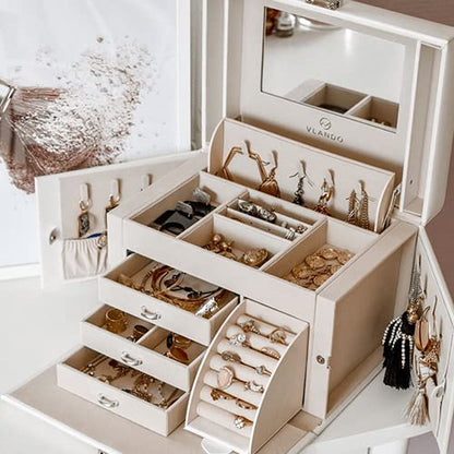 VLANDO Jewelry Boxes & Organizers with Mirror and 3 Drawers,White - color: A.White