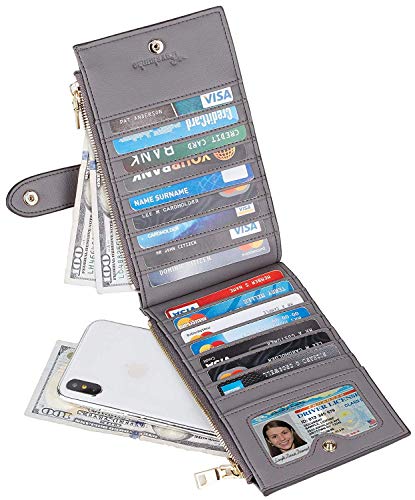 Travelambo Womens Leather Bifold Wallet, Slim RFID Blocking Card Holder - color: Grey Light