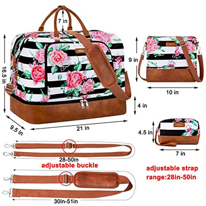 TIBES Travel Weekender Bag for Women, Overnight Bag with Shoe Compartment - color: M-Flower Black & White Strips