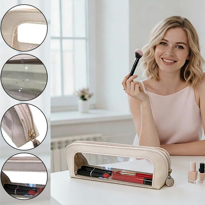 2 PCS Clear Makeup Brush Bag, Double Sided Travel Organizer,Slim Leather Pouch with Zipper, Waterproof Transparent Cosmetic Case for Women (White, Black)