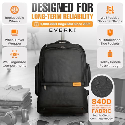 EVERKI Wheeled 123 Laptop Rolling Backpack for Men & Women, Black - 32L - size: Wheeled 123 Laptop Backpack - 32L